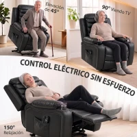 HOMCOM Sillón Relax Reclinable Eléctrico Levanta Personas con Masaje Vibratorio y Calor Puerto USB Control Remoto Negro(m-4)
