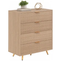 HOMCOM Bedroom Chest of Drawers with 4 Drawers, Fluted Dresser with Gold Tone Handles, Storage Cabinet, Natural(m-13)