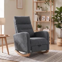HOMCOM Sedia a Dondolo Imbottita in Tessuto Effetto Lino, Poggiapiedi, Schienale Alto, Gambe in Legno di Caucciù, Grigio(m-9)