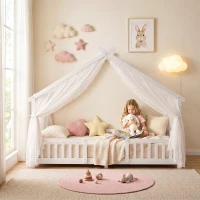 AIYAPLAY Wooden Kids House Single Bed Frame, Solid Pine Wood Toddler Bed with Dual Guardrails for Children, Boys, Girls, White(m-9)