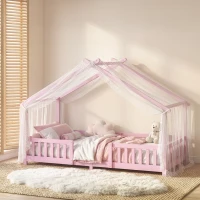 AIYAPLAY Wooden Kids House Single Bed Frame, Solid Pine Wood Toddler Bed with Dual Guardrails for Children, Boys, Girls, Pink(m-10)