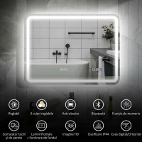HOMCOM Oglindă de Baie LED cu Bluetooth, Iluminare Reglabilă și Funcție de Memorare, din Sticlă Securizată, 80 x 2.9 x 60 cm(m-4)
