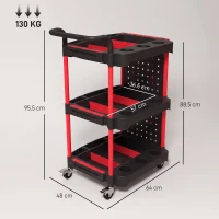 HOMCOM 3-Tier Rolling Tool Cart with Pegboard and Hooks, Storage Trolley Wheel Cart with Brakes, Black & Red(m-3)