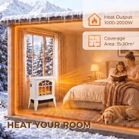 HOMCOM Freestanding Electric Fireplace, Electric Log Burner w/ LED Flame Effect, Overheating Safety System, 1000W/2000W, White(m-6)