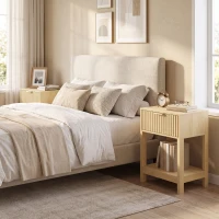 HOMCOM Modern Fluted Nightstand Set of 2, Bedside Table with Charging Station, Drawer and Open Shelf for Bedroom, Oak(m-9)