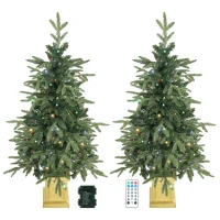 HOMCOM Set of 2 Prelit Christmas Trees with Dual-Colour LEDs, Remote, 4ft Artificial Aspen Fir Battery-Operated, 11 Modes, Pot(m-15)