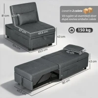 HOMCOM Canapea Extensibilă 4 În 1 cu Roți, pentru O Persoană, Gri(m-3)