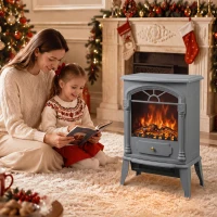 HOMCOM Freestanding Portable Fireplace, Electric Fireplace Stove Heater with 3D Flame Effect and Adjustable Thermostat, Grey(m-8)