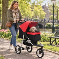 PawHut Hondentrolley hondenbuggy katten PetStroller met 3 wielen opvouwbaar Oxford rood(m-10)