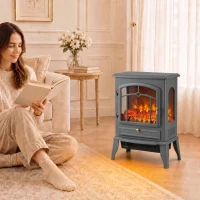 HOMCOM Electric Fireplace Stove, 1000/2000W 3-Sided Freestanding Fireplace Heater with 3D Flame Log, Thermostat, Grey(m-13)