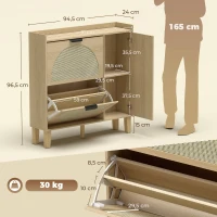 HOMCOM Zapatero Estrecho Bohemio con Espejo 2 Puertas de Ratán Armario 10 Pares Estantes Ajustables 94,5x24x96,5 cm Roble(m-3)