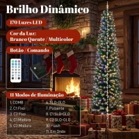 HOMCOM Árvore de Natal Estreita Pré-iluminada 180 cm, LEDs de Dupla Cor, Efeito Nevado, Comando, 11 Modos, 351 Pontas, 170 LEDs, Verde/Branco(m-5)