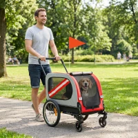 PawHut 2-In-1 Dog Bike Trailer Pet Stroller with Universal Wheel Reflector Flag Red(m-14)