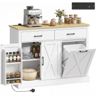 HOMCOM Tilt Out Trash Cabinet with Charging Station, Kitchen Island with Storage, 57 Liter Hidden Rubbish Bin Storage, White(m-14)