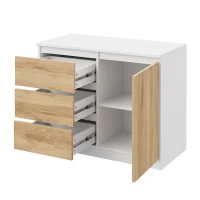 HOMCOM Petit buffet de salon avec porte et 3 tiroirs 80x40x75 cm pour entrée, salle à manger, blanc et naturel(m-1)