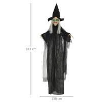 HOMCOM 6ft Outdoor Halloween Decoration Witch, Hanging Witch Prop Life Size with Sound and Motion Activated, Light Up Eyes, Talking Sound, Posable Arms(m-3)