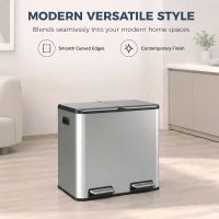 HOMCOM 2 x 20L Double Kitchen Bin, Stainless Steel Pedal Rubbish Bin with Dual Compartments, Soft Close Lids, Silver Tone(m-9)