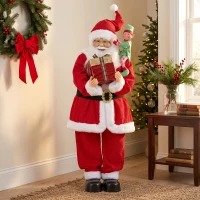 HOMCOM 4ft Singing Dancing Santa Claus, Standing Christmas Animated Santa Figure with Elf, Gift Box, Sound/Touch Activated(m-8)