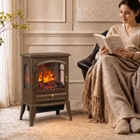 HOMCOM Electric Fireplace Stove, 1000/2000W 3-Sided Freestanding Fireplace Heater with 3D Flame Log, Thermostat, Brown(m-2)
