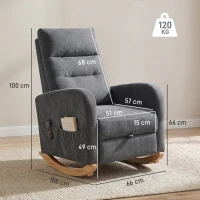 HOMCOM Sedia a Dondolo Imbottita in Tessuto Effetto Lino, Poggiapiedi, Schienale Alto, Gambe in Legno di Caucciù, Grigio(m-3)