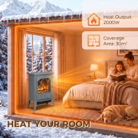 HOMCOM Freestanding Electric Fireplace, Electric Log Burner with LED Flame Effect, Overheating Safety System, 1000W/2000W Grey(m-6)