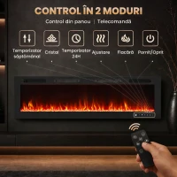 HOMCOM Șemineu Electric Încastrabil cu Flacără Independentă, 3 Moduri de Încălzire și Telecomandă, 152,4 x 9,4 x 47 cm, Negru(m-5)