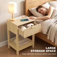 HOMCOM Modern Fluted Nightstand Set of 2, Bedside Table with Charging Station, Drawer and Open Shelf for Bedroom, Oak(m-6)