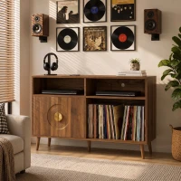 HOMCOM Record Player Stand, Vinyl Record Holder with Storage Holds Up to 300 Albums with Flip-Top Compartment, Walnut(m-9)