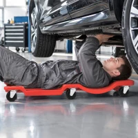 HOMCOM Low Profile Rolling Shop Creeper, Padded Headrest, Dual Tool Trays, 6 Swivel Casters, 150 kg, Red(m-8)