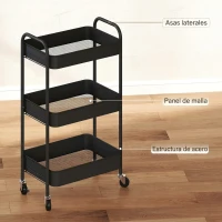 HOMCOM Carrito Auxiliar con Ruedas de 3 Niveles Carrito de Cocina con 3 Cestas y 2 Asas 45x30,6x79 cm Negro(m-6)