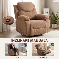 HOMCOM Fotoliu Reclinabil Manual cu Material cu Aspect de In, Suport pentru Picioare și Cotiere Căptușite, Maro Închis(m-4)