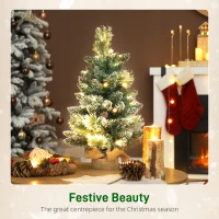 HOMCOM 60 cm Prelit Small Christmas Tree, Snow Flocked Tabletop Mini Xmas Tree with 35 LED Lights, Pine Cones and Linen Cover Base, Battery Operated, Green(m-4)