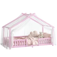 AIYAPLAY Wooden Kids House Single Bed Frame, Solid Pine Wood Toddler Bed with Dual Guardrails for Children, Boys, Girls, Pink(m-14)