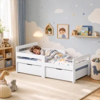 AIYAPLAY Wooden Kids Bed Frame with 2 Storage Drawers and Guard Rails for Ages 4-14, 144 x 76 x 57 cm (No Mattress), White(m-2)