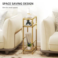 HOMCOM 3-Tier Side Table, Narrow End Table with Storage Shelf and Tempered Glass Tabletop for Small Spaces, Bedroom, Living Room, Entryway, Gold Tone(m-5)