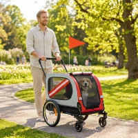 PawHut 2-In-1 Dog Bike Trailer Pet Stroller with Universal Wheel Reflector Flag Red(m-11)