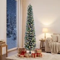 HOMCOM Árvore de Natal Estreita Pré-iluminada 180 cm, LEDs de Dupla Cor, Efeito Nevado, Comando, 11 Modos, 351 Pontas, 170 LEDs, Verde/Branco(m-2)