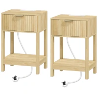 HOMCOM Modern Fluted Nightstand Set of 2, Bedside Table with Charging Station, Drawer and Open Shelf for Bedroom, Oak(m-1)