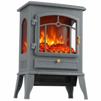 HOMCOM Electric Fireplace Stove, 1000/2000W 3-Sided Freestanding Fireplace Heater with 3D Flame Log, Thermostat, Grey(m-14)