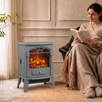HOMCOM Freestanding Portable Fireplace, Electric Fireplace Stove Heater with 3D Flame Effect and Adjustable Thermostat, Grey(m-2)