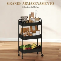 HOMCOM Carrinho Auxiliar com Rodas de 3 Níveis, Carrinho de Cozinha com 3 Cestos e 2 Pegas, 45x30,6x79 cm, Preto(m-4)