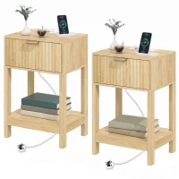 HOMCOM Modern Fluted Nightstand Set of 2, Bedside Table with Charging Station, Drawer and Open Shelf for Bedroom, Oak(m-15)
