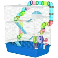 PawHut 5 Tier Hamster Cage, Gerbil Cage with Exercise Wheel, Feeder Bowl, Tube, Water Bottle, 59L x 36W x 69H cm - Blue(m-10)