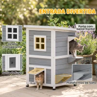 PawHut Casota Exterior para Gatos em Madeira de 2 Níveis com Telhado Basculante, Plataformas de Salto e Portas, 51x51x81,3 cm, Cinzento(m-6)