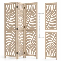 HOMCOM Paravent interieur en bois 4 panneaux 160 x 170 cm, pliable et portable, motif de feuille, design amovible, bois naturel(m-11)