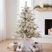 HOMCOM 4ft Prelit Flocked Christmas Tree, Artificial Snow Flocked Spruce with 160 Warm White LED Lights, 8 Modes, Green(m-10)