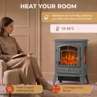 HOMCOM Electric Fireplace Stove, 1000/2000W 3-Sided Freestanding Fireplace Heater with 3D Flame Log, Thermostat, Grey(m-6)