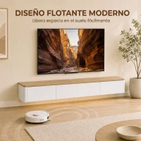 HOMCOM Mueble de TV Suspendido con Luces LED Enchufes Armario y 2 Cajones para Televisión 65 Pulgadas 140x24x20 cm Blanco(m-4)