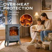 HOMCOM Freestanding Portable Fireplace, Electric Fireplace Stove Heater with 3D Flame Effect and Adjustable Thermostat, Grey(m-6)