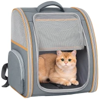 PawHut Opvouwbare draagrugzak voor hond en kat met mesh-venster, zijvakken en uitneembare bodem, tot 5 kg, grijs(m-15)